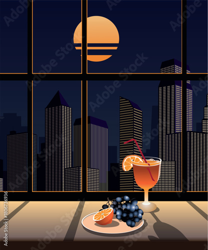 Evening still life against the backdrop of a nighttime metropolis. Vector.
