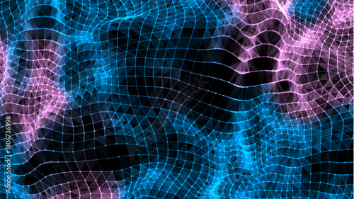 Abstract vector technology colors wave top view with moving dots and lines. AI in virtual reality on digital background. Wireframe texture. Dynamic network connection data analysis.