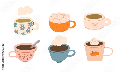 Set of cute autumn mugs with coffee, cocoa with marshmallow and tea. Cozy fall cups. Warm seasonal drinks, hygge vibes. Vector flat illustration.
