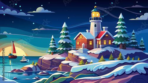 Very beautiful view of the Nubble Light in Maine, New England, standing on a snowy island and adorned with festive Christmas decorations, glowing warmly against the winter landscape and coastal waters