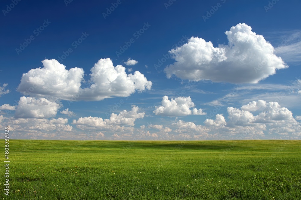 Obraz premium Vast green field under a vibrant blue sky dotted with fluffy white clouds. A flat landscape stretches to the horizon