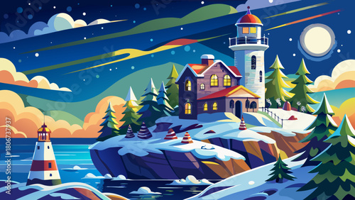 Very beautiful view of the Nubble Light in Maine, New England, standing on a snowy island and adorned with festive Christmas decorations, glowing warmly against the winter landscape and coastal waters