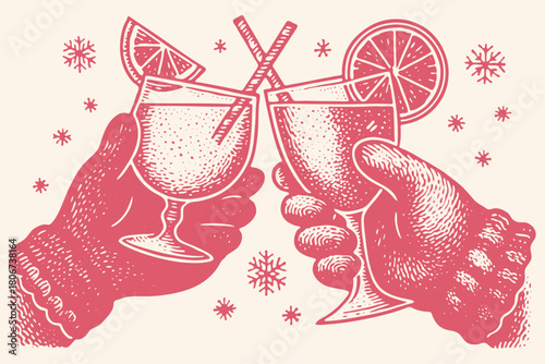 Hands in mittens toasting with festive cocktails on a snowy background. Vector illustration in a retro, hand-drawn woodcut or linocut print style.