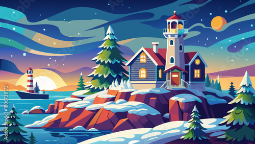 Very beautiful view of the Nubble Light in Maine, New England, standing on a snowy island and adorned with festive Christmas decorations, glowing warmly against the winter landscape and coastal waters