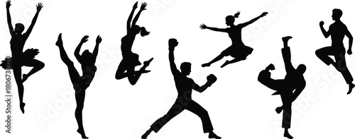 Dynamic silhouettes of dancers and martial artists in energetic action poses, performing jumps, kicks, and expressive movement