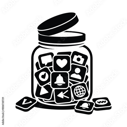 Social Media Icons in a Glass Jar – Digital Addiction Concept, Notification Overload Illustration