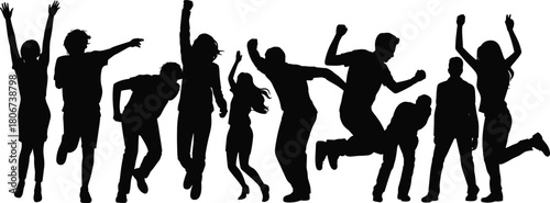 Dynamic silhouette group jumping together in joyful celebration, expressing unity, teamwork, happiness, freedom, excitement, energy, movement, and community spirit