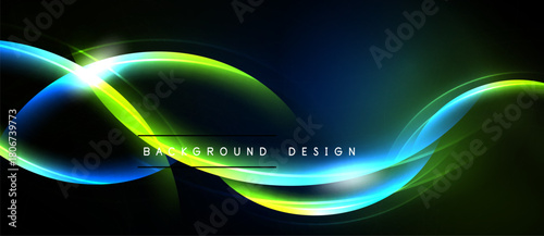 Abstract flowing lines, vibrant colors, dark background. Modern design element, dynamic curves, bright illumination. Smooth gradients create visual interest.