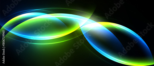 Abstract flowing shapes, vibrant colors, dynamic light effects. Green, blue hues dominate dark background. Smooth gradients create visual interest.