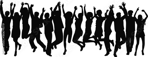 Energetic group silhouette jumping together in celebration, expressing unity, joy, diversity, teamwork, motivation, freedom, success, and community spirit