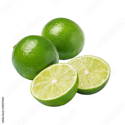 Fresh green limes cut and whole on transparent background