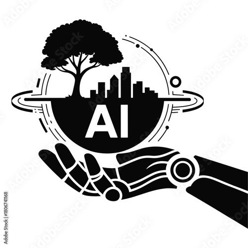 AI Technology Hand Holding Smart City and Tree – Artificial Intelligence Sustainability, Eco Future, Robotic Support Concept in Black and White Icon Design