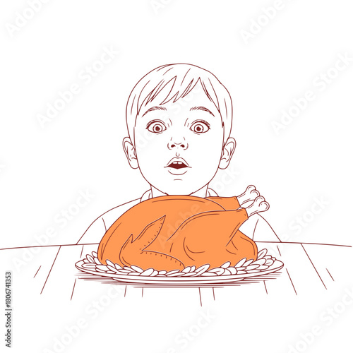 Boy looking surprised at the roast turkey on the Thanksgiving table