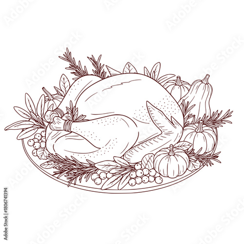 Turkey platter closeup: Thanksgiving turkey platter with herbs and seasonal vegetables  