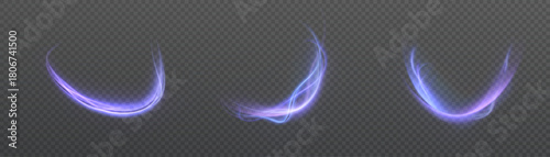 A set of neon purple light trails with a soft glow and smooth curved lines. Dynamic glowing elements for overlays, fantasy effects, and magical highlights on a transparent background.