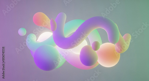 Abstract iridescent fluid shapes and blobs with soft pastel gradients on a muted background