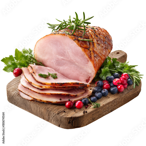 Glazed ham roast on cutting board with berries and rosemary