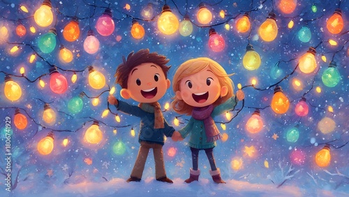 Whimsical Cartoon Children Celebrating Christmas Lights Illustration