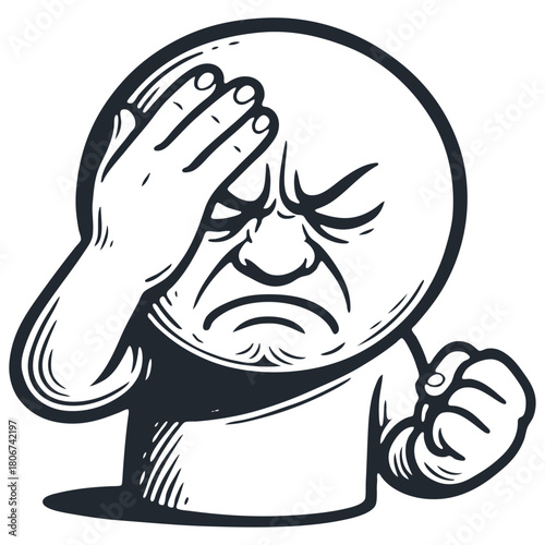 A character makes a facepalm gesture, showing frustration, disappointment, or failure. Vector illustration in a retro, hand-drawn woodcut print style.