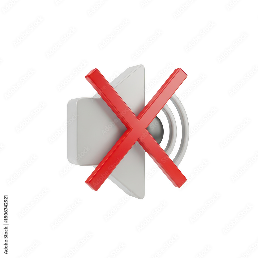 Obraz premium Mute speaker icon 3d render with red cross, indicating no audio. isolated on transparent background