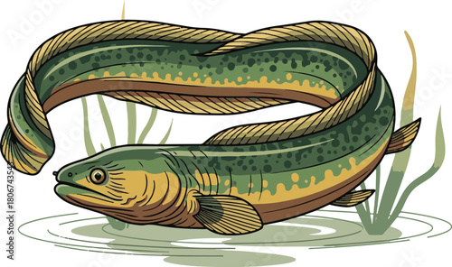 Green and yellow eel coiled in water with reeds fish
