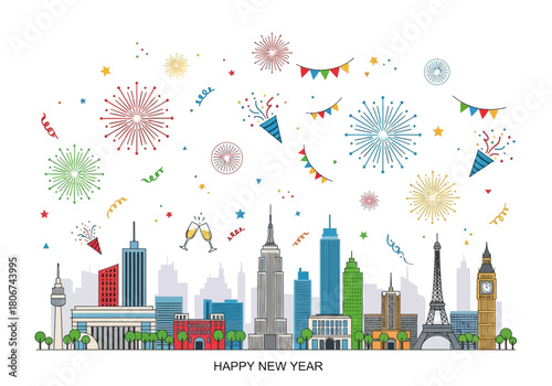 Happy New Year Celebration with City Skyline and Fireworks.