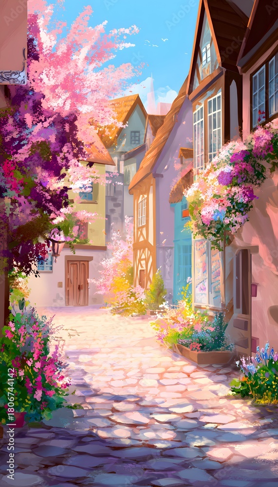 Fototapeta premium Charming village illustration evokes a joyful serene scene with pastel homes and blossoming flowers