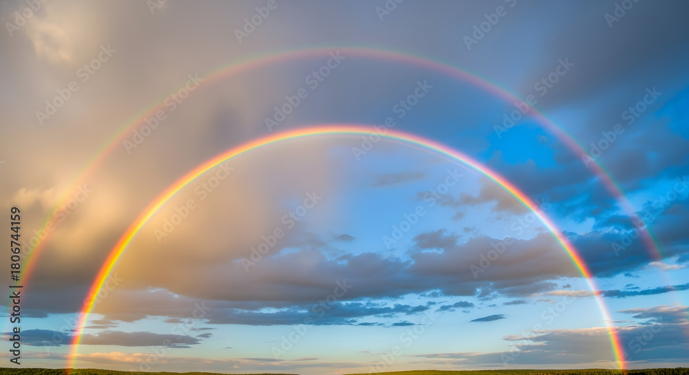 Obraz premium Vibrant double rainbow phenomenon with colorful arcs spanning across a dramatic and atmospheric cloudy sky over a rural landscape