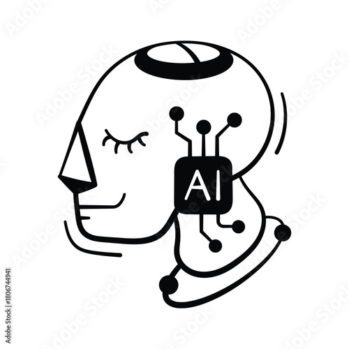 Digital brain, advance intelligence hand drawn icon