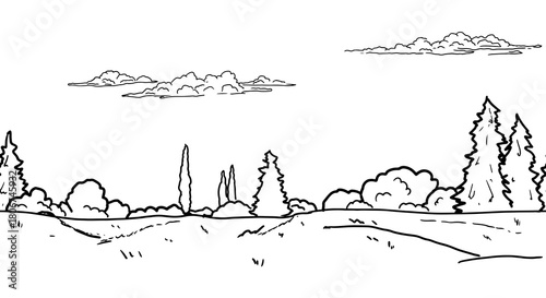 Hills and clearings, sketch. Vector drawing. Trees, fir trees and bushes on the horizon, a seamless border isolated on a white background. Fluffy clouds in the sky. Hand-drawn rural landscape