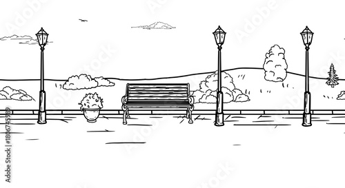A bench and lanterns in a park on a lawn, sketch. Vector drawing. Bushes in the grass and sidewalk, seamless curb isolated on a white background. Fluffy clouds in the sky. Rural and landscape