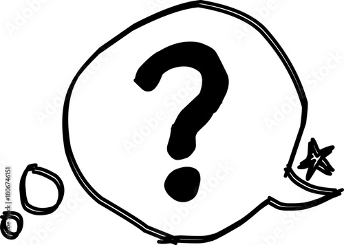Hand-drawn thought bubble featuring a bold question mark and small doodle accents. A quirky, minimalist sketch ideal for ideas, confusion, queries, and creative concepts.
