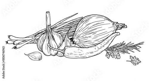 Garlic cloves, hot peppers and onions, sketch. Vector illustration. Parsley and rosemary, vegetables isolated on white background. Suitable for country fairs, for cooking, canning, menus and recipes