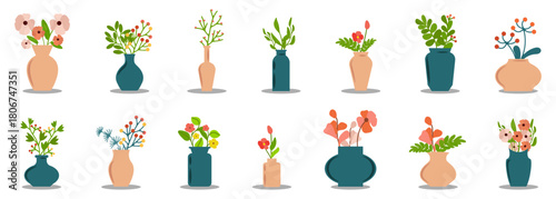 Flat floral vase collection with modern minimalist style and soft colors. Decorative flower compositions for interior or greeting art