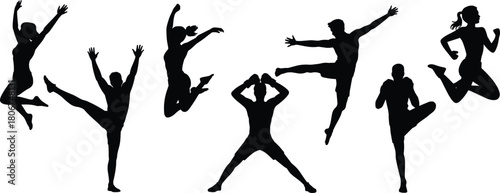 Silhouette group of people jumping and dancing with energetic movement expressing joy, freedom, celebration, fitness, activity, motion, excitement