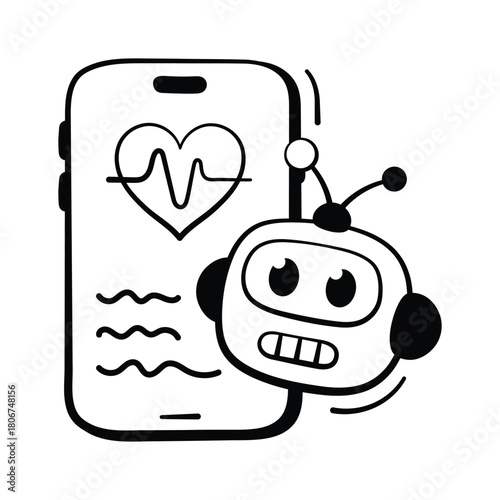 Trendy hand drawn icon of AI medical assistant monitoring patient health data