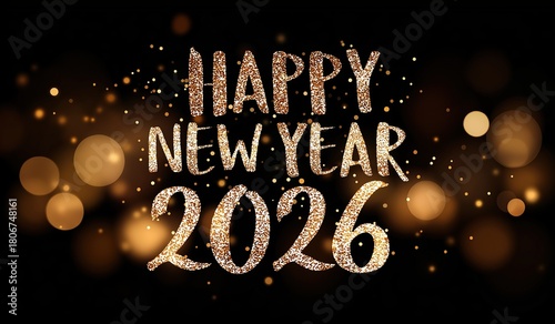 Happy New Year 2026 written in glittering golden letters on black background with bokeh lights around text having elegant festive font design.