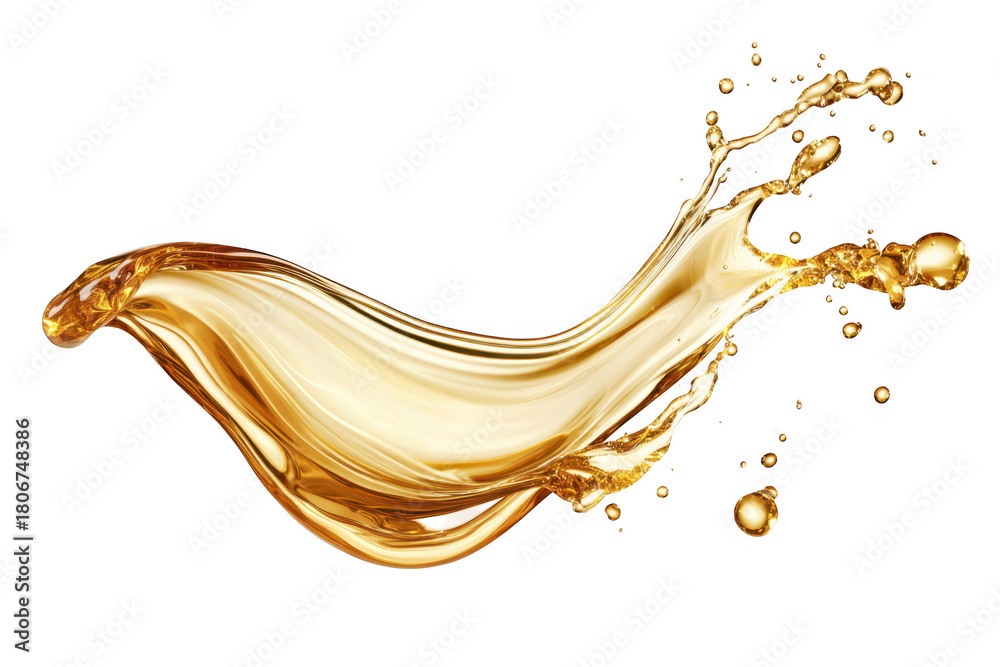 Fototapeta premium A dynamic splash of golden liquid gracefully flowing through the air. creating an elegant wave shape. against a clean white background. ideal for advertisements or culinary uses