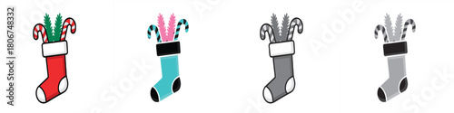 Christmas stocking with candy canes festive illustration icon set multiple style collection