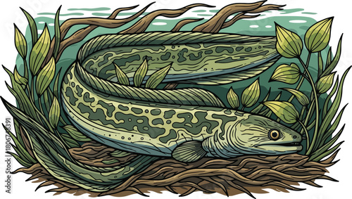 Green eel nestled among aquatic plants and driftwood