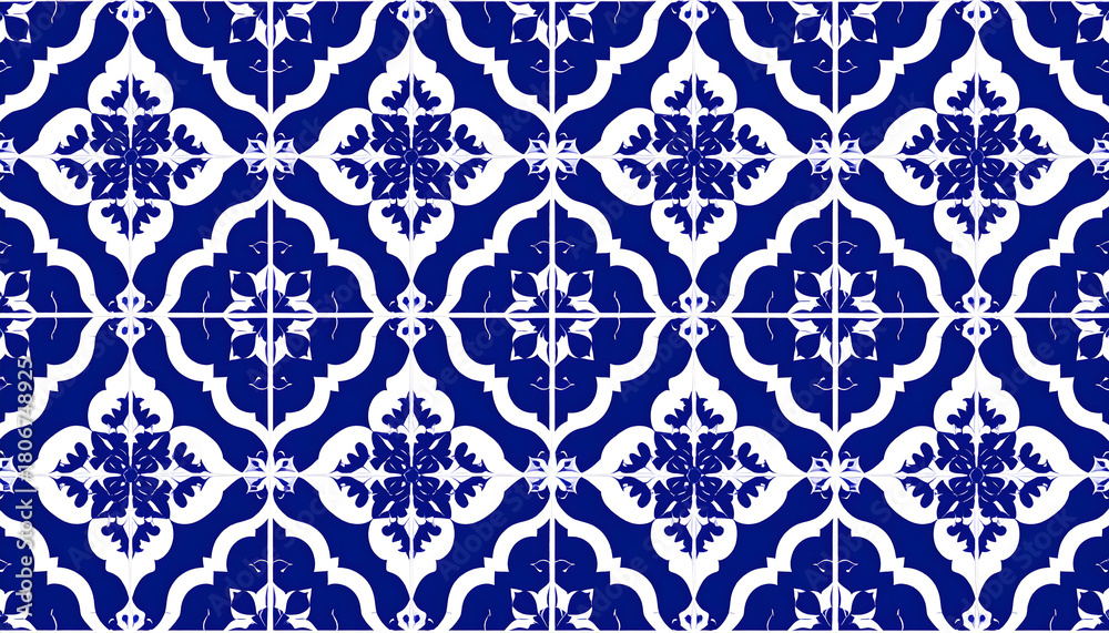 Modern Moroccan geometric pattern tile design, bold blue and white color, seamless