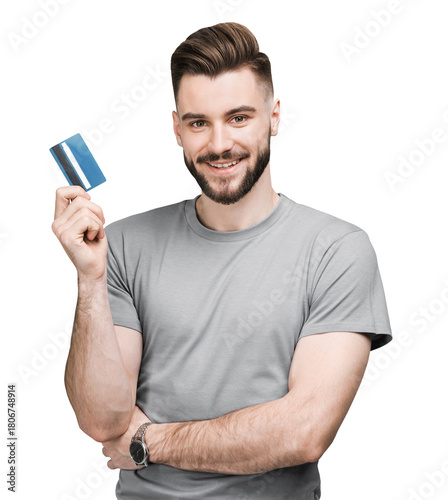 Handsome man holding credit card isolated transparent PNG, Young casual businessman with empty blank card on white background advertising your product, Online shopping, e-commerce, internet banking