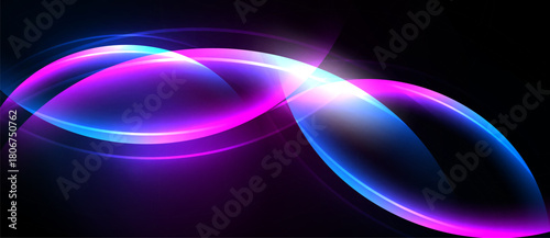 Abstract glowing shapes overlap, creating vibrant light effects against dark background. Smooth curves suggest movement, energy.