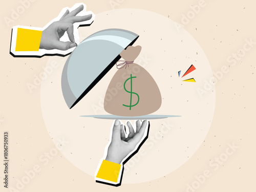 Black and white hands remove the lid from restaurant serving of dish with cloche with a money bag. Modern collage style. Vector illustration