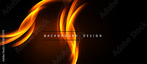 Dynamic orange streaks flow across black space. Elegant curves create abstract visual impact. Text reads background design.