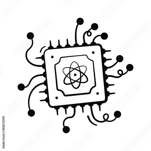 A trendy doodle style icon showing quantum computing system