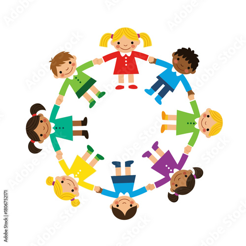 A colorful illustration of children holding hands in a circle, symbolizing unity, friendship, and diversity, set against a clean