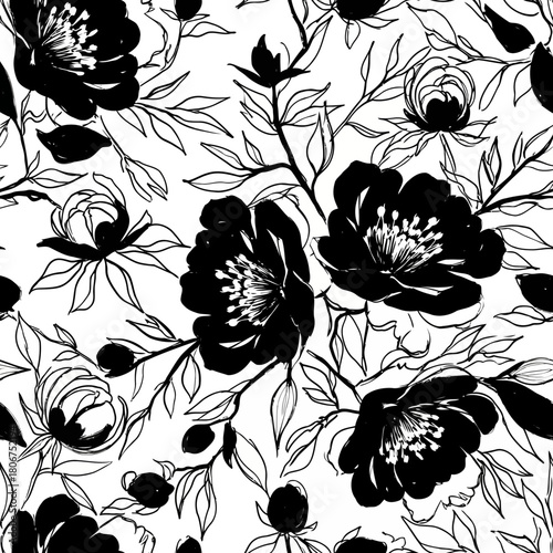 A seamless floral pattern with black and white flowers and leaves, isolated on, creating a classic and elegant design