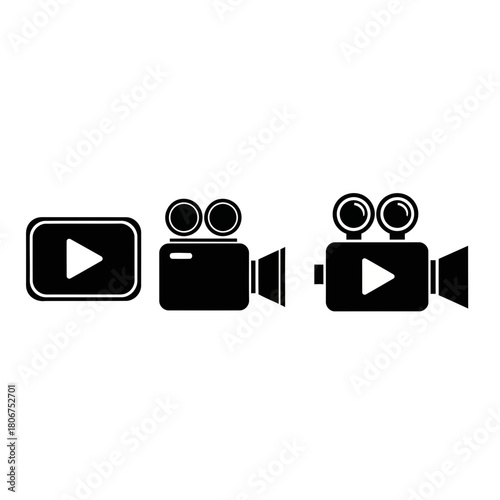 Three black video camera icons isolated on, representing film, recording, and multimedia in a simple, minimalist design