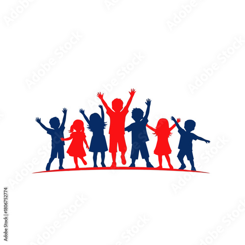 Group of happy children in red and blue color isolated on, representing childhood, friendship, and unity in a vibrant design